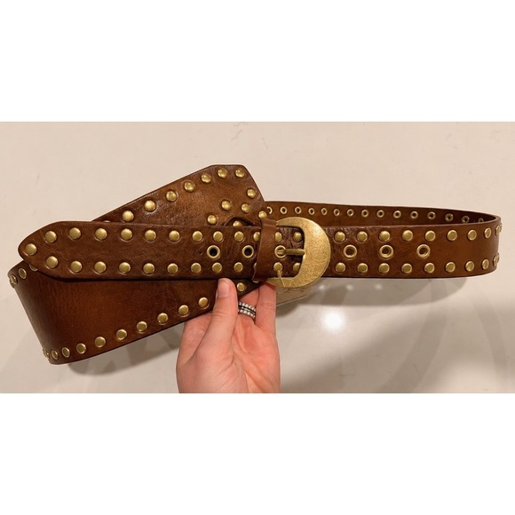 Free People Jagger Hip Belt Studded Leather Brown Brass NWT S/M